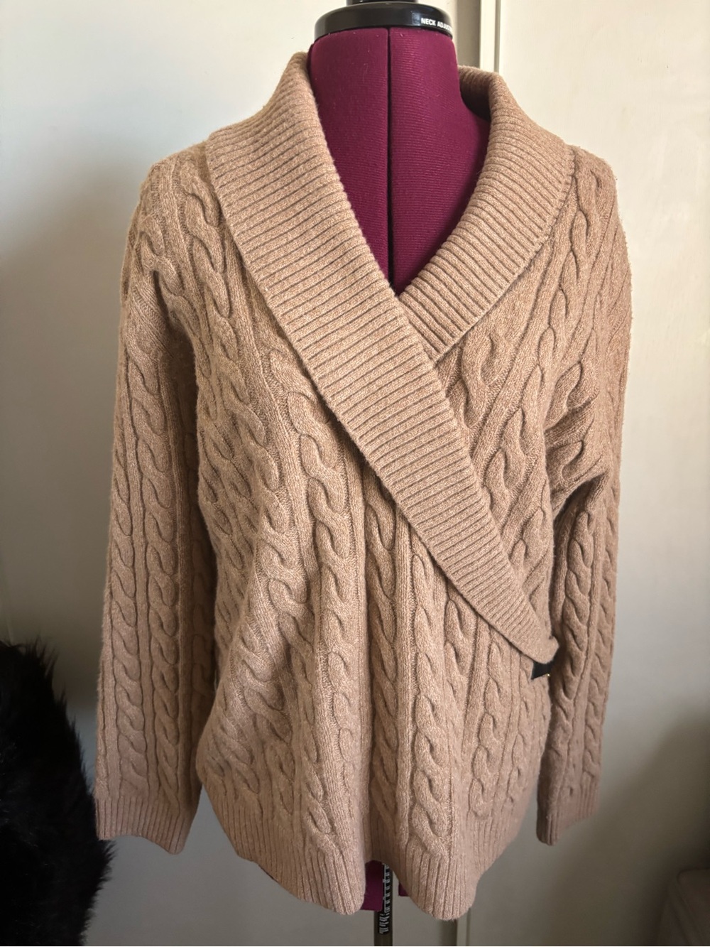 NWOT Anne Klein faux wrap Cozy Cable-Knit Collar Sweater - Camel